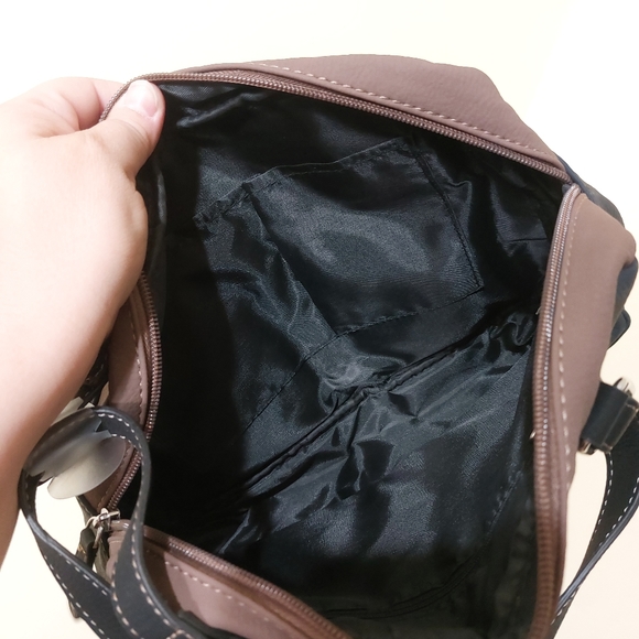 Soft Faux Leather Small Navy Blue Black Tan Colorblock Utility Handbag Purse - Picture 7 of 11